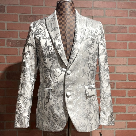 INC-Blazer Silver Embroidered Jacquard Floral Med Suit Pants